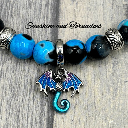Blue Fire Agate Gemstone Bracelet with 925 Sterling Silver Plated Enamelled Dragon Charm. - Image 7