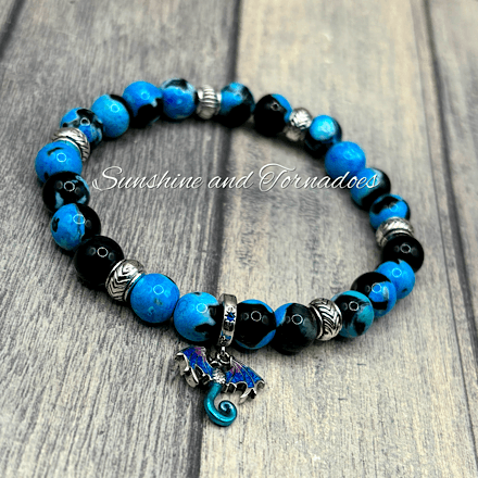 Blue Fire Agate Gemstone Bracelet with 925 Sterling Silver Plated Enamelled Dragon Charm. - Image 4