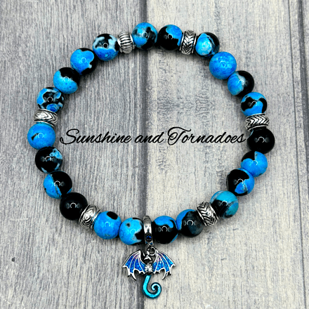 Blue Fire Agate Gemstone Bracelet with 925 Sterling Silver Plated Enamelled Dragon Charm. - Image 2