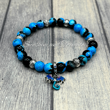 Blue Fire Agate Gemstone Bracelet with 925 Sterling Silver Plated Enamelled Dragon Charm. - Image 3