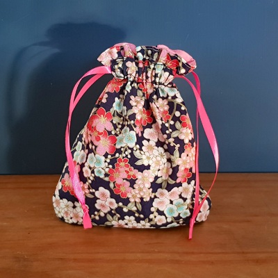Handmade Mini Cherry Blossom Reusable Gift Bag - Eco Friendly Cotton Drawstring Pouch with Pink Ribbon