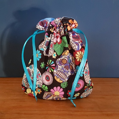Handmade Mini Sugar Skull Reusable Gift Bag - Colourful Cotton Drawstring Pouch with Blue Ribbon