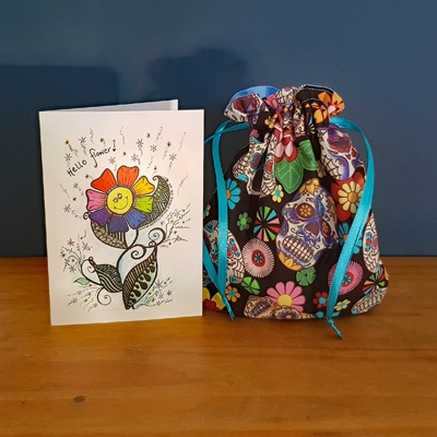 Handmade Mini Sugar Skull Reusable Gift Bag - Colourful Cotton Drawstring Pouch with Blue Ribbon