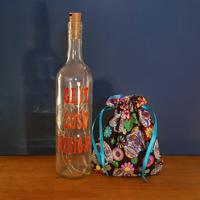 Handmade Mini Sugar Skull Reusable Gift Bag - Colourful Cotton Drawstring Pouch with Blue Ribbon