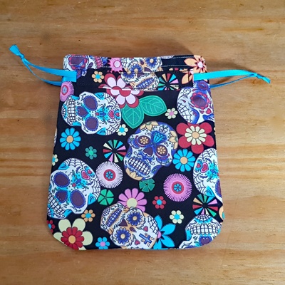 Handmade Mini Sugar Skull Reusable Gift Bag - Colourful Cotton Drawstring Pouch with Blue Ribbon