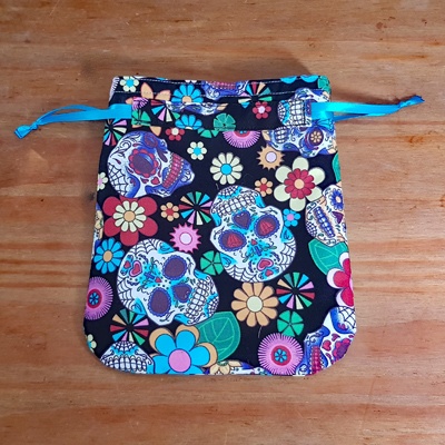 Handmade Mini Sugar Skull Reusable Gift Bag - Colourful Cotton Drawstring Pouch with Blue Ribbon