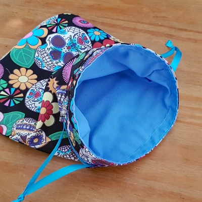 Handmade Mini Sugar Skull Reusable Gift Bag - Colourful Cotton Drawstring Pouch with Blue Ribbon
