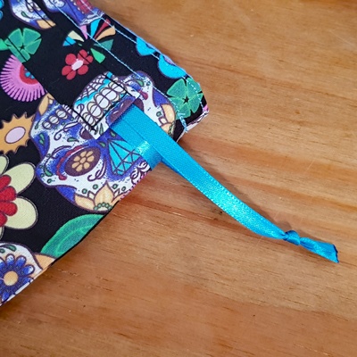 Handmade Mini Sugar Skull Reusable Gift Bag - Colourful Cotton Drawstring Pouch with Blue Ribbon