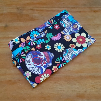 Handmade Mini Sugar Skull Reusable Gift Bag - Colourful Cotton Drawstring Pouch with Blue Ribbon