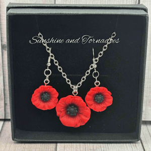 Handmade Polymer Clay Poppies Pendant and Earring Set with Stainless Steel Chain.