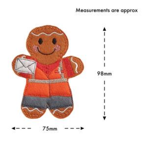 Felt gingerbread postal worker character wearing an orange hi-vis, red shirt, and grey trousers, holding an envelope, shown with approximate measurements of 98 mm tall and 75 mm wide.