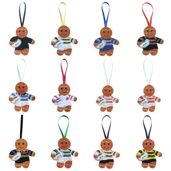 A collection of felt gingerbread rugby player characters, each wearing different coloured striped kits and holding a white rugby ball stitched with the word “Rugby.” All have ribbon loops in matching colours for hanging, shown in a 4×3 grid.