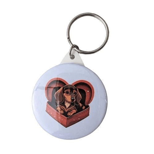 Brown and Tan Dachshund Puppy Keyring in Pink Loveheart Box