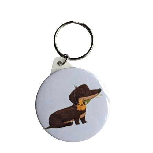 Brown and Tan Dachshund Keyring with Yellow Flowers - Cute Pet Lover Accessory
