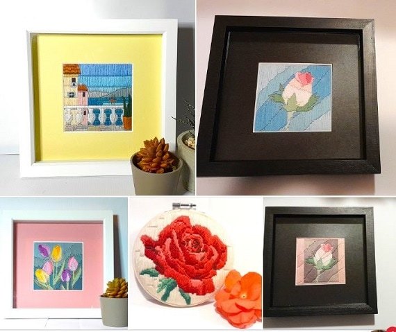 Red Poppies Embroidery in White Box Frame Hand sewn - Image 4