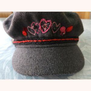 Ladies Grey Baker Boy Cap, hand embroidered with hearts,roses and flowers