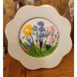Wildflowers Embroidery in a pretty Ceramic Frame with appliqued leaves and scattered green seed beads