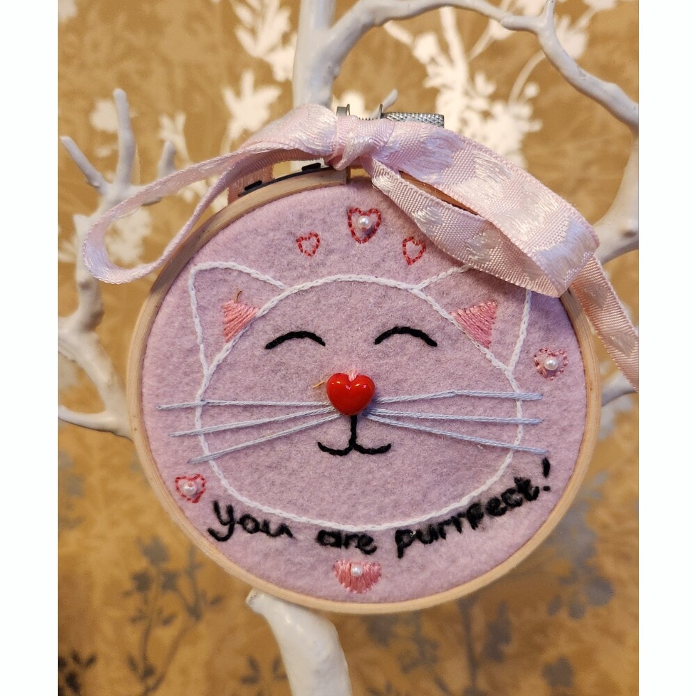 'You are Purrfect!' Valentines Cat Embroidery Hoop Art - Image 2
