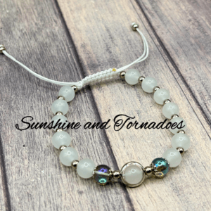 Handmade Moonstone Gemstone Adjustable Bracelet with Stainless Steel and Glass Beads.