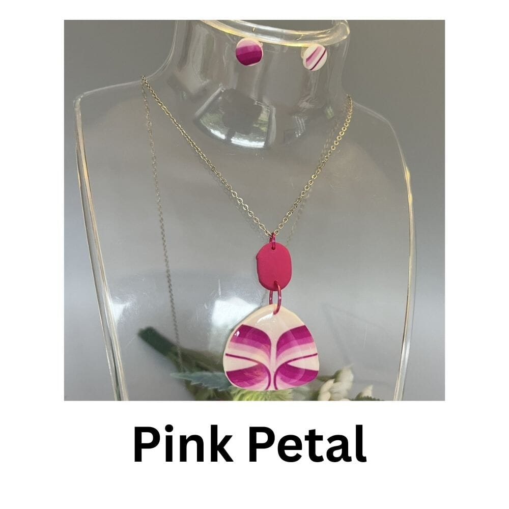 Pink Petal vintage wallpaper necklace and stud earring set with hot pink and cream geometric petal pattern, handmade polymer clay jewellery by Lollygag Sheffield.