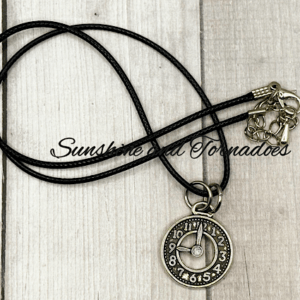 Antique Silver Style Clock Face Pendant on Handmade Waxed Cord Necklace.