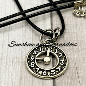 Antique Silver Style Clock Face Pendant on Handmade Waxed Cord Necklace.