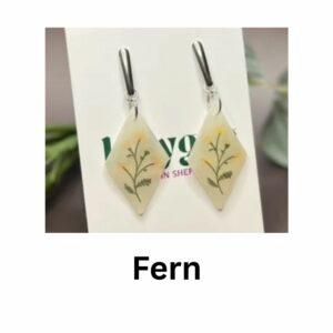 Fern earrings Meadow Glow Collection handmade in Sheffield, diamond-shaped translucent resin earrings with botanical fern design by Lollygag Jewellery