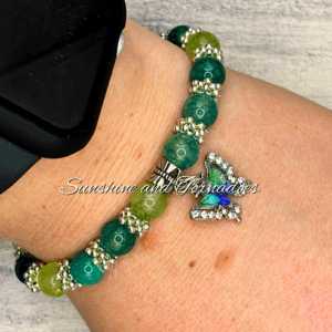 Dragon Vein Agate Gemstone Bracelet with Silver Plated Rhinestone and Glass Butterfly Charm.