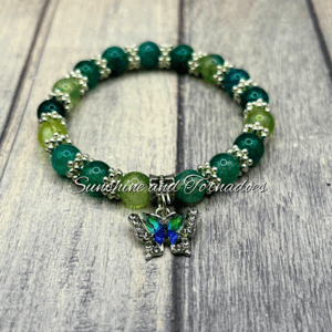 Dragon Vein Agate Gemstone Bracelet with Silver Plated Rhinestone and Glass Butterfly Charm.