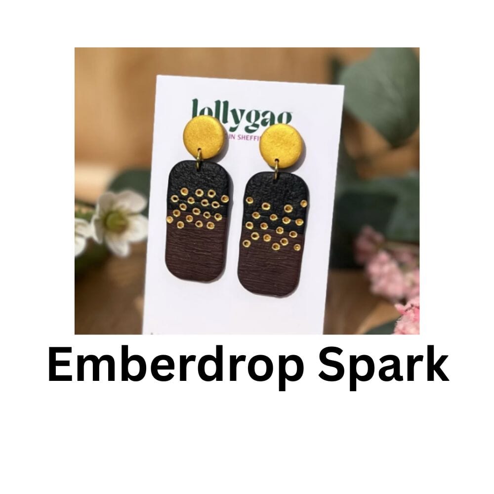 Emberdrop Spark rectangular polymer clay earrings with faux wood texture, gold stud tops and scattered gold inlays, handmade in Sheffield by Lollygag Jewellery.