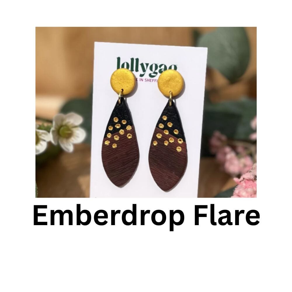 Emberdrop Flare long teardrop polymer clay earrings with faux wood texture, black detail and gold inlay accents, handmade in Sheffield by Lollygag Jewellery.