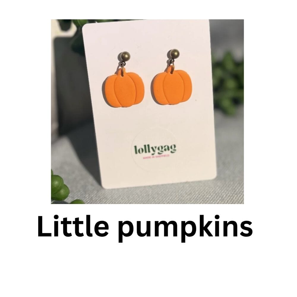 Little Pumpkins polymer clay stud earrings in bright orange, lightweight handmade autumn jewellery by Lollygag Jewellery Sheffield.