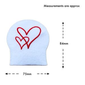 White felt heart tealight cover with a red embroidered heart design, shown with dashed arrows indicating approximate measurements of 84 mm high and 75 mm wide, with text reading “Measurements are approx.”