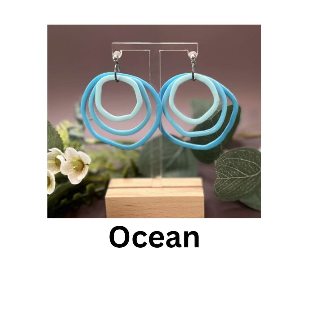 Shades Of Ocean gradient hoop earrings in blue and aqua tones, handmade polymer clay dopamine dressing jewellery by Lollygag Sheffield.