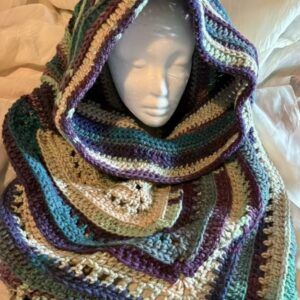 Wild Oleander Hooded Scarf – Chunky Crocheted Scarf in Purple, Lilac, Blue, and Neutral Tones