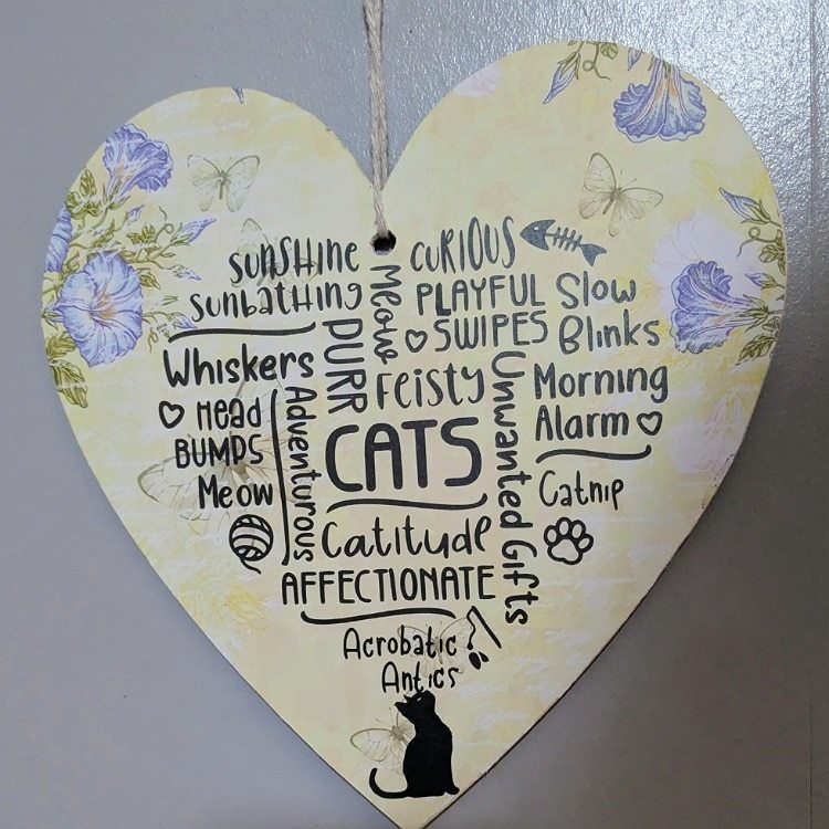 Hanging Heart Cats Word Art 20x20cm - Black Vinyl on Stylish Patterned Background