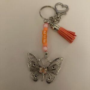Butterfly Bag Charm/Keyring with Orange Beaded “MUM” Personalisation.