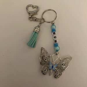 Butterfly Bag Charm/Keyring with Blue Beads and “MUM” Personalisation.