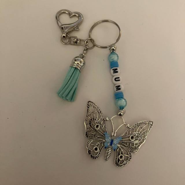 Butterfly Bag Charm/Keyring with Blue Beads and any name Personalisation. - Image 2