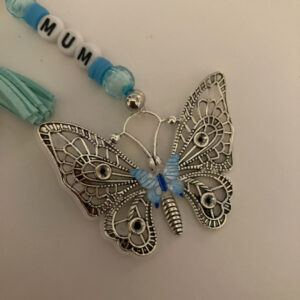 Butterfly Bag Charm/Keyring with Blue Beads and “MUM” Personalisation.