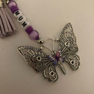 Butterfly Bag Charm/Keyring with Purple Beads and “MUM” personalisation. In Aid of Fibromyalgia Awareness.