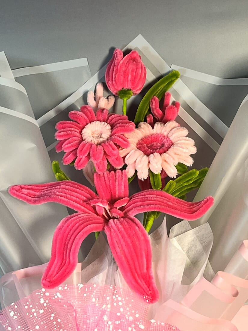Fuzzywire Everlasting Wrapped Bouquet with Tulip, Gerbera, Lily & Filler Flowers - Image 4