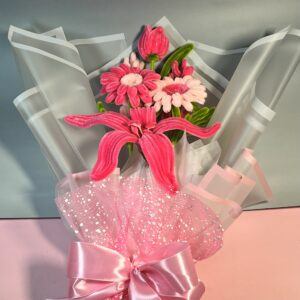 Fuzzywire Everlasting Wrapped Bouquet with Tulip, Gerbera, Lily & Filler Flowers