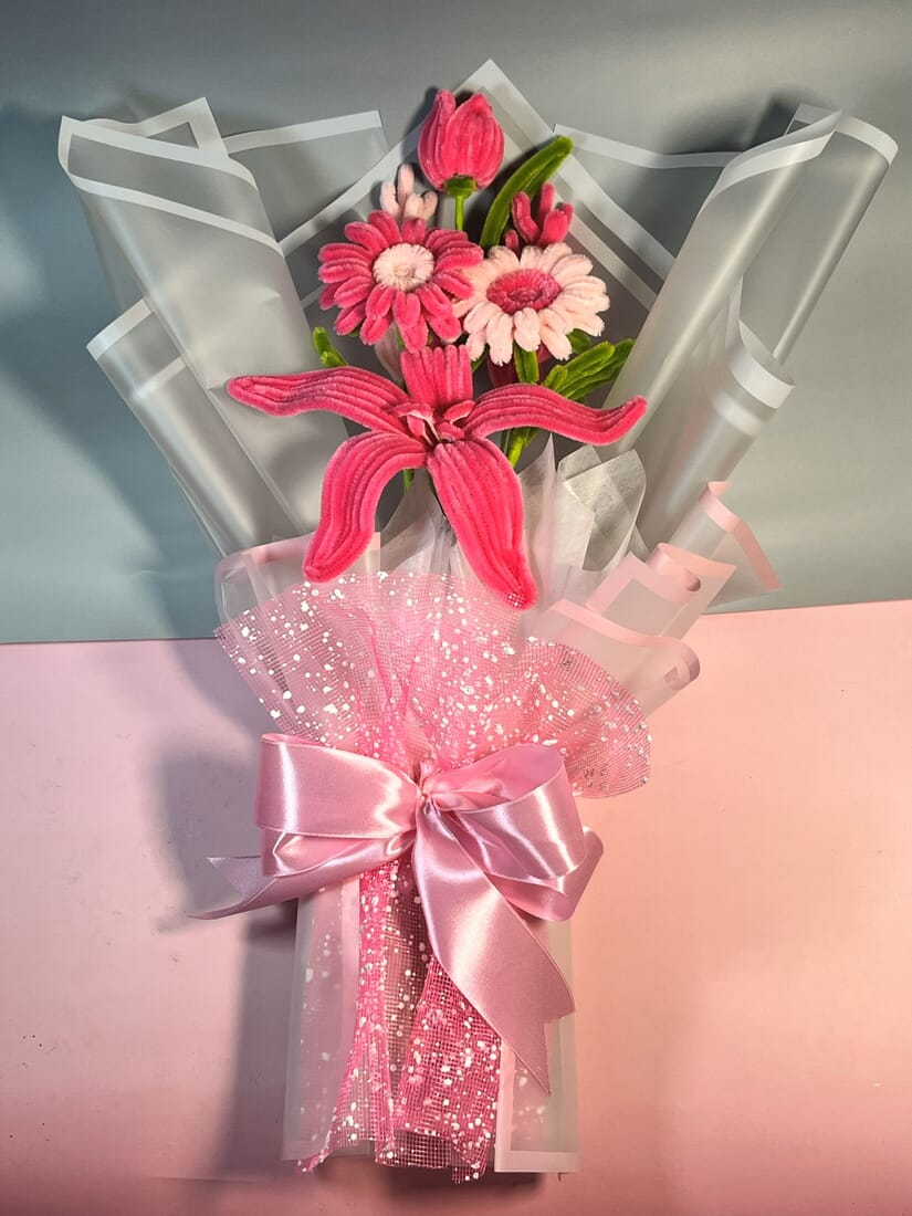 Fuzzywire Everlasting Wrapped Bouquet with Tulip, Gerbera, Lily & Filler Flowers