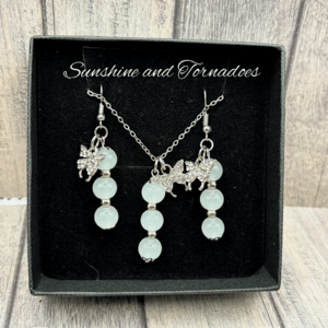 Handmade Moonstone Gemstone Pendant and Earring Set with Stainless Steel Chain and Findings and Pave Butterfly Charms.