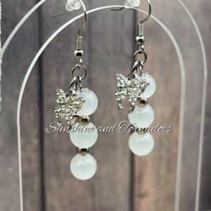 Handmade Moonstone Gemstone Earrings with Stainless Steel Findings and Pave Butterfly Charm.