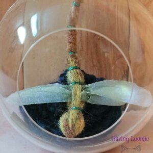 Needle felted dragonfly bauble – yellow highlights with blue flower