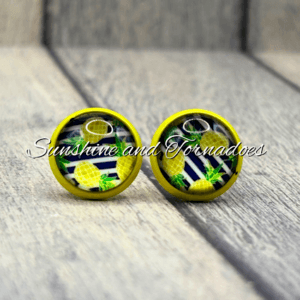 Handmade Glass Cabochon Stud Earrings with funky Pineapple Pattern in Enamelled Bezels.
