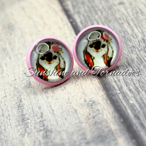 Handmade Glass Cabochon Stud Earrings with Cute Bunny image in Enamelled Bezels.