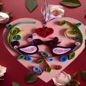 Quilled black & white Lovebirds – heart shaped hanging decoration